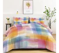 Single Coverless Duvet Set - 135 x 200 cm Comfortable Reversible Bedding Set, Watercolour Checked Colour Blocks Warm Duvet Set (1x Quilt, 2x Pillow Cases) Ultra-Soft Microfiber Multicolour Bedding