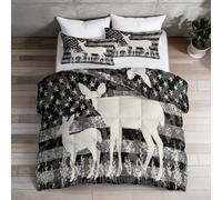 Single Coverless Duvet Set 135 x 200 cm, Retro Distressed American Flag Animal Deer Reversible Comforter, 7.5 Tog Lightweight & Machine Washable for Students, Dorm & Teen Bedroom, Grey-White