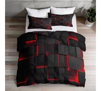 Single Coverless Duvet Set 4.5 Tog, Modern Minimalist Abstract Geometric Block Black-Red Reversible Comforter, Machine Washable, All-Season Bedding with 2 Shams for Boys' and Girls' Room, 135 x 200 cm