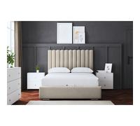 (Single, Cream) Evangeline Panel Upholstered Bed with Ottoman
