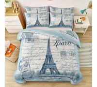 Single Cream Haze Light Blue Reversible Duvet Cover with Pillowcases, Eiffel Tower Architecture Postmark Bedding for Teens Girls Kids, French Vintage Easy Care Soft Microfiber Quilt Cover