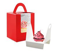 Single Cupcake Boxes, Individual Muffins Cupcake Holders Portable Pastry Containers with Insert and Window & Handle for Wedding Birthday Parties (Red)
