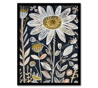 Single Daisy Flower Artwork Dark Floral Folk Art Framed Art Print Artery8 Black A4