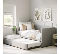 Single Day Bed with Pull Out Trundle in Light Grey Fabric - Amie
