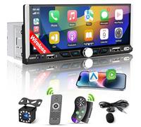 Single Din Car Radio Compatible with Wireless Apple CarPlay, Car Stereo with 6.9'' IPS Touchscreen,Bluetooth,FM AM Radio,GPS Navigation,Type-C/Dual USB 2.1A Fast Charge/Rear View Camera,MP5