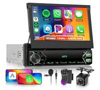 Single Din Car Radio Stereo with 7 Inch Manual Flip Out Touchscreen, Hodozzy 1 Din Wireless CarPlay Android Auto Bluetooth FM Radio Steering Wheel Control+ Reverse Camera Dual USB Type-C External Mic