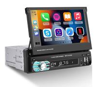 Single Din Flip Out Screen Car Stereo with Wireless Carplay and Android Auto, 7 inch 1 Din Touch Screen Radio Support Bluetooth/SWC/USB/FM + Backup Camera + Mic + Remote Control