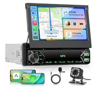 Single Din Radio Wireless Carplay Single Din Stereo,7" IPS Manual Flip Out Car Radio Car Play Android Auto Bluetooth Mirror Link Type-C/USB/AUX/TF SWC Car Audio+Backup Camera Manual Telescopic