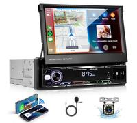 Single Din Radio Wireless Carplay Single Din Stereo,FM/AM 7" IPS Manual Flip Out Car Radio Car Play Android Auto Bluetooth 5.1 Mirror Link Type-C/USB/AUX SWC Car Audio+Backup Camera 1 Din Car Stereo