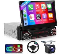 Single Din Radio with DAB Wireless Carplay Android Auto, Podofo 7 inch HD IPS Motorized Flip Out Touch Screen Bluetooth Car Stereo, Mirror Link/FM/AHD Backup Camera/SWC/Aux/USB+Type-C Ports