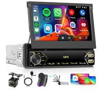 Single Din Retractable Car Stereo with Wireless Carplay Android Auto, 1 Din 7 Inch Touchscreen Car Radio with Bluetooth, FM Radio, Online Video, EQ, SWC, Support U disk/USB/Type-C and Camera