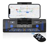 Single-Din Stereo with Car Phone Holder - Bluetooth Car Radio - Push to Talk Assistant Multi Color LCD AM FM Tuner AUX USB Built-in Mic Wireless Remote Control