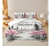 Single Duvet 7.5 Tog - Reversible Cherry Blossom Aesthetics Coverless Duvet, All Year - Ink Wash Landscape Painting Comforter, Soft Japanese Ukiyo-e Quilt Duvets With 2 Pillowcase, 135x200 cm D75
