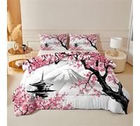 Single Duvet 7.5 Tog - Reversible Japanese Style Coverless Duvet, All Year Japanese Ukiyo-e Comforter, Soft Microfiber - Cherry Blossom Red Sun Quilt Duvets With 2 Pillowcase, 135x200 cm D76