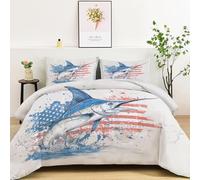 Single Duvet, All-Year Round Premium Breathable Quilt for All Seasons Vintage Doodle Blue Marlin Flag, Machine Washable Bedding 135x200 cm, White