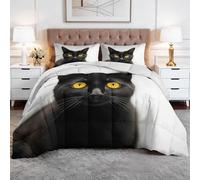 Single Duvet - Bedding Set Coverless with 2 Pillowcase - Reversible Printed Duvet with Black Cat Pattern - Summer Lightweight and Washable Cat Lovers Duvet 135x200 cm