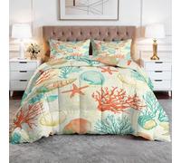 Single Duvet - Bedding Set Coverless with 2 Pillowcase - Reversible Printed Duvet with Coastal Ocean Shells Starfish Pattern - Summer Lightweight and Washable Shabby Chic Coastal Cream