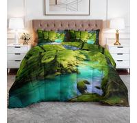 Single Duvet - Bedding Set Coverless with 2 Pillowcase - Reversible Printed Duvet with panoramic landscape of mountains and rivers Pattern - Summer Lightweight and Washable Lush Pine Forest Canyon