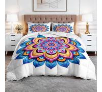Single Duvet - Bedding Set Coverless with 2 Pillowcase - Reversible Printed Duvet with Sacred Mandala Geometry Pattern - Summer Lightweight and Washable Vibrant Indian Folk Hippie Duvet 135x200 cm