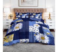 Single Duvet - Bedding Set Coverless with 2 Pillowcase - Reversible Printed Duvet with White Daisies Country Patchwork Pattern - Summer Lightweight and Washable Color Block Striped Duvet 135x200 cm