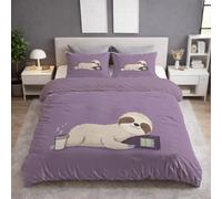 Single Duvet Cover & Quilt Cover Bedding Set - 135 x 200 cm 2 pcs + 1 Pillowcase, Soft Microfiber, Skin-Friendly, Anti-Wrinkle, Reversible, Purple, Cartoon Cute Sloth