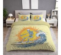 Single Duvet Cover & Quilt Cover Bedding Set - 150 x 200 cm 2 pcs + 1 Pillowcase, Soft Microfiber, Skin-Friendly, Anti-Wrinkle, Reversible, Yellow, Cartoon Surfing Skeleton