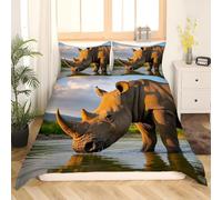 Single Duvet Cover Rhino Bedding Sets Soft Microfibre 3D African Animals Quilt Cover 135x200 cm with Zipper Closure + 2 Pillowcases 50x75 cm Bedroom Bed Set A-5574