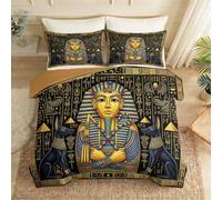 Single Duvet Cover Set 135 x 200 cm, Ancient Egyptian Soft Microfiber Bedding Set, Egyptian Pharaoh Geometric Rune Pattern Reversible Quilt Cover with Zipper for All Season, Golden Yellow