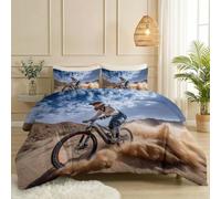 Single Duvet Cover Set 135 x 200 cm, Cool Sports Soft Microfiber Bedding Sets, Mountain Cross-Country Bicycle Pattern Reversible Quilt Cover with Zipper for All Season, Multicoloured