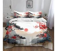Single Duvet Cover Set 135 x 200 cm Vibrant Japanese Style Sun Cherry Blossoms White Soft Microfiber - 3Pcs Quilt Cover with Zip Fastening, 2 Pillowcases 50x75cm - Skin Friendly Easy Care