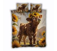Single Duvet Cover Set 135x200 cm 3D Highland Cow Bedding Set with Zipper Closure Ultra Soft Microfibre Flowers Quilt Cover 2 Pieces with Pillowcase 50x75（MXX 1-8）