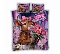 Single Duvet Cover Set 135x200 cm 3D Highland Cow Bedding Set with Zipper Closure Ultra Soft Microfibre Flowers Quilt Cover 2 Pieces with Pillowcase 50x75（MXX 1-6）