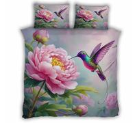 Single Duvet Cover Set 135x200 cm 3D Hummingbird Bedding Set with Zipper Closure Ultra Soft Microfibre Flowers Birds Quilt Cover 2 Pieces with Pillowcase 50x75（MXX 1-5）