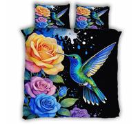 Single Duvet Cover Set 135x200 cm 3D Hummingbird Bedding Set with Zipper Closure Ultra Soft Microfibre Flowers Birds Quilt Cover 2 Pieces with Pillowcase 50x75（MXX 10-1）