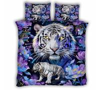Single Duvet Cover Set 135x200 cm 3D Tiger Bedding Set with Zipper Closure Ultra Soft Microfibre Flowers Tiger Quilt Cover 2 Pieces with Pillowcase 50x75（MXX 1-4）