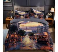 Single Duvet Cover Set 135x200 cm Sunset city street scene Microfibre Quilt Cover with 1 Pillowcases 50x75 cm, Printed Bedding Set for Kids Teens Bedroom Decor