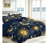 Single Duvet Cover Set 135x200cm, Stars Celestial Sun Moon Quilt Cover with Zipper Closure and 2 Pillowcases, Navy Blue & Gold Soft Hypoallergenic Microfibre Bedding Set for Kids Adult Teen girls