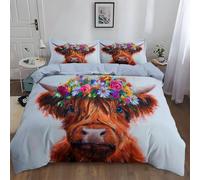 Single Duvet Cover Set, 3 Pcs Bedding Set for Teens Boys, Girls - Boho Rustic Animal Highland Cow Floral Crown Kids Bedding, Reversible Soft & Cosy Quilt Cover with Zipper - 135 x 200 cm Dark Grey