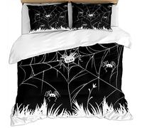 Single Duvet Cover Set 3 Pcs Black Background With White Spider In The Grass Halloween Creative Pattern Easy Care Bedding Set Duvet Covers 135X200Cm With 2 Pillowcases 50X75Cm Soft Microfiber Quilt