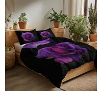 Single Duvet Cover Set Black, Plants Purple Roses Elegance Ultra Soft Comforter Cover with Zipper Closure Easy Care Machine Washable Anti Allergic 3 Pcs Quilt Cover Bedding Set for Boys Girls