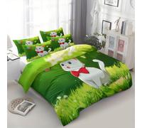 Single Duvet Cover Set, Cartoon Anime Animal White Cat Reversible Bedding Set for Boys Girls and Adults 135 × 200 cm - 3-Piece Soft Breathable Green Duvet Cover Set for Bedroom Decor