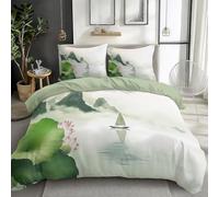 Single Duvet Cover Set Chinese Landscape Painting Elegant 3D printed Bedding Set Soft Brushed Microfiber Polyester, Pale Green Reversible Breathable Soft Bedding for Boys and Girls, All Season