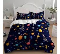 Single Duvet Cover Set Colorful Musical Notes Brushed Soft Microfiber Dark Blue Single Bedding Set 3D Printed Zipper Quilt Cover 155x200 cm and 2 Pillowcases 50x75 B-4532