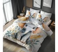 Single Duvet Cover Set Cute Elephant, Reversible Single Bedding Sets Wild Animal Cartoon Pattern for Bedroom Decor, Soft Microfibre Quilt Cover, 1 Pillowcase, Zip DPE7