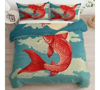 Single Duvet Cover Set Cute Little Fish Reversible Printed Bedding Set Soft Breathable Microfibre Japanese Ukiyo-E Quilt Cover 135 x 200 cm with 2 Pillowcases Machine Washable Easy Care d-634