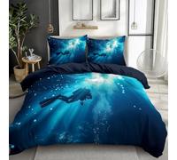 Single Duvet Cover Set Dark Blue 135 x 200 cm Kids Adults Bedding Set, Photography Deep Sea Diver Comforter Reversible Quilt Cover with Pillowcases - Easy Care and Super Soft Bedding
