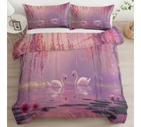 Single Duvet Cover Set Dreamlike Pond Swan 3D printed Bedding Set Soft Brushed Microfiber Polyester, Pink Reversible Breathable Soft Bedding for Boys and Girls, All Season
