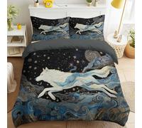 Single Duvet Cover Set - Elegant Starry Sky Animals Wolf for Art Lovers - Soft Microfiber Quilt Cover Bedding Set, Blue, East Asian Art, Reversible, Concealed Zipper