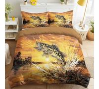 Single Duvet Cover Set for Bedroom, Extra Soft Quilt Cover, Incredible Comfortable MachineWashable Bedding Set, Animal Illustration Fish Leap Water Splash Sunset Vibrant Theme (Brown)