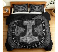 Single Duvet Cover Set, Geometry Thor'S Hammer Animals Wolves Abstract Printed Long Lasting Microfiber Hypoallergenic Bedding Set with Zipper, Super Soft Luxury Quilt Cover Set, Black